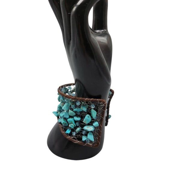 Chunky Turquoise Open Cuff Bracelet Wire Stitched Stones Handcrafted Size 7.5" - Picture 3 of 16